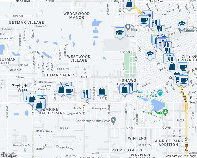 map of restaurants, bars, coffee shops, grocery stores, and more near 5155 Studio Drive in Zephyrhills