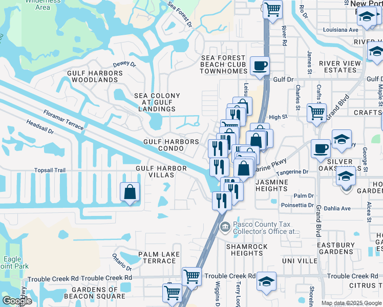 map of restaurants, bars, coffee shops, grocery stores, and more near 4886 Jasper Drive in New Port Richey