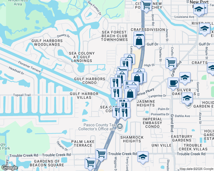 map of restaurants, bars, coffee shops, grocery stores, and more near 5157 Silent Loop in New Port Richey