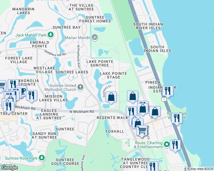 map of restaurants, bars, coffee shops, grocery stores, and more near 315 Bayhead Drive in Melbourne