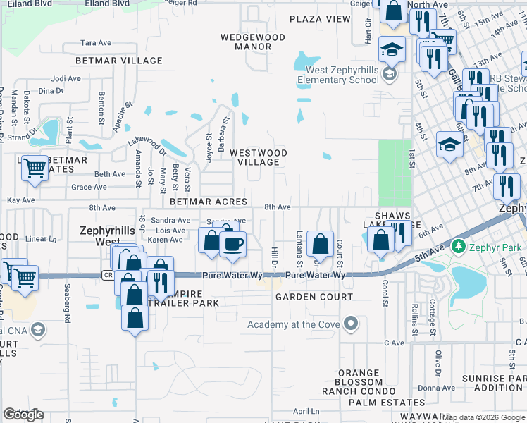 map of restaurants, bars, coffee shops, grocery stores, and more near 5201 Hill Drive in Zephyrhills