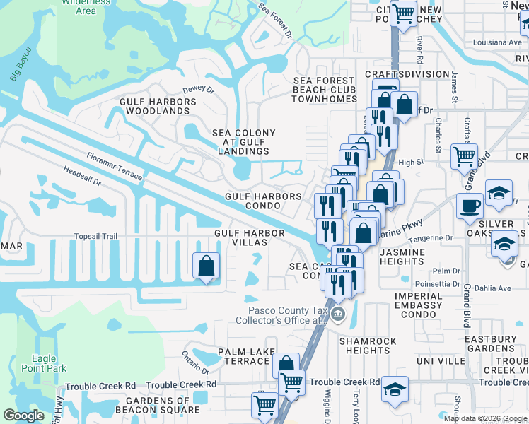 map of restaurants, bars, coffee shops, grocery stores, and more near 4737 Floramar Terrace in Port Richey