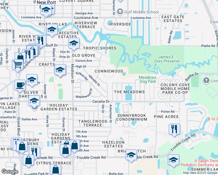 map of restaurants, bars, coffee shops, grocery stores, and more near 5114 Greenwood Street in New Port Richey