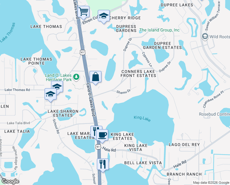 map of restaurants, bars, coffee shops, grocery stores, and more near 21823 Shamu Drive in Land O' Lakes
