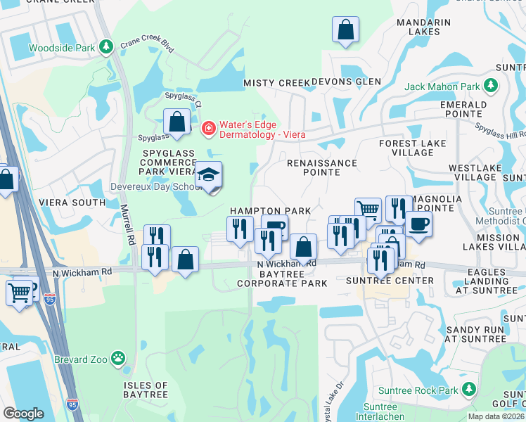 map of restaurants, bars, coffee shops, grocery stores, and more near 504 Steeplechase Lane in Melbourne