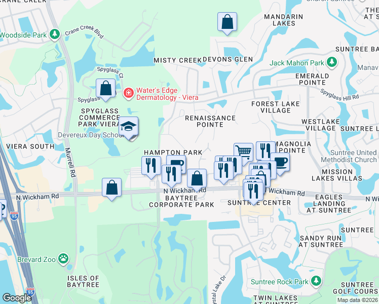 map of restaurants, bars, coffee shops, grocery stores, and more near 1327 Hampton Park Lane in Melbourne