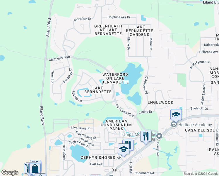 map of restaurants, bars, coffee shops, grocery stores, and more near 5227 Lochmead Terrace in Zephyrhills