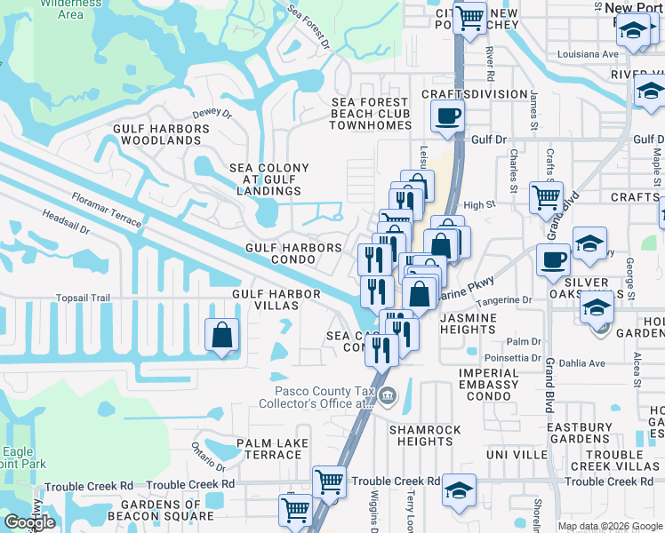 map of restaurants, bars, coffee shops, grocery stores, and more near 5111 Amulet Drive in New Port Richey