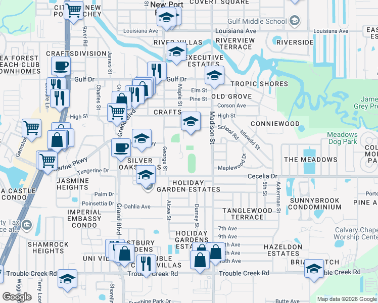 map of restaurants, bars, coffee shops, grocery stores, and more near 5355 School Road in New Port Richey