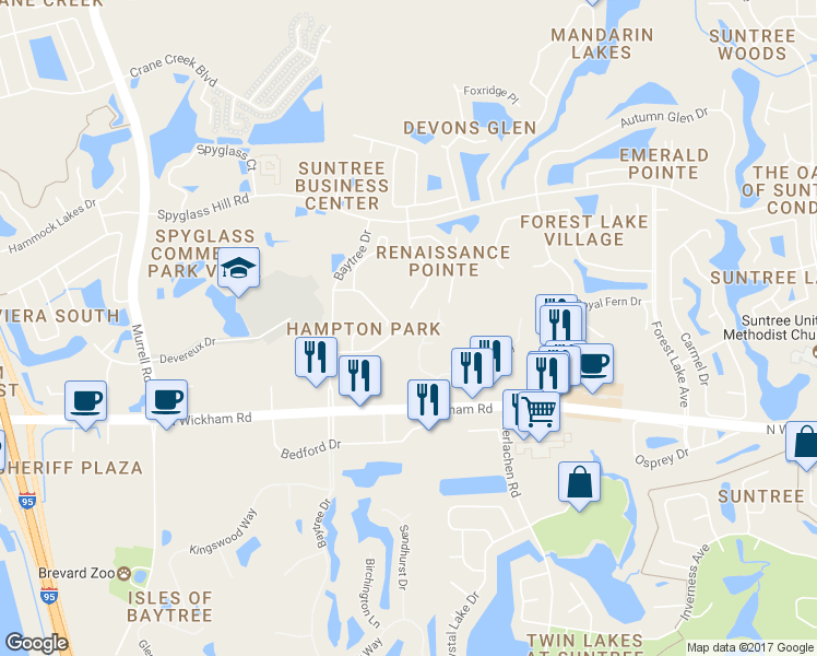 map of restaurants, bars, coffee shops, grocery stores, and more near 1310 Hampton Park Lane in Melbourne