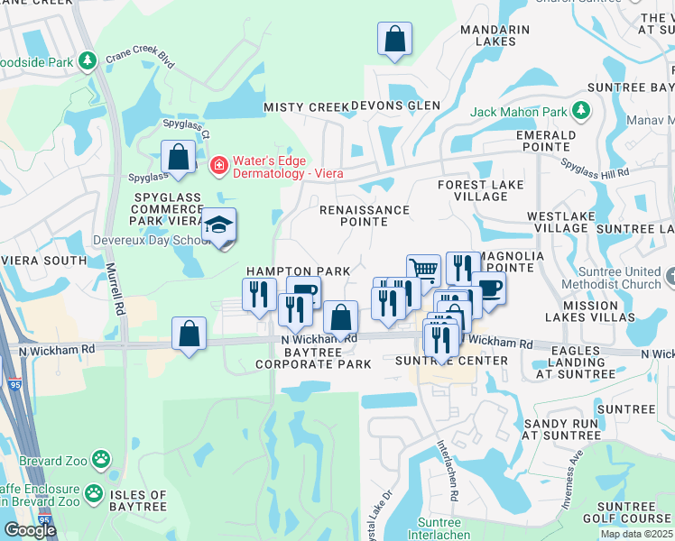 map of restaurants, bars, coffee shops, grocery stores, and more near 1306 Hampton Park Lane in Melbourne