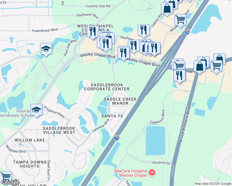 map of restaurants, bars, coffee shops, grocery stores, and more near 27531 Pleasure Ride Loop in Wesley Chapel