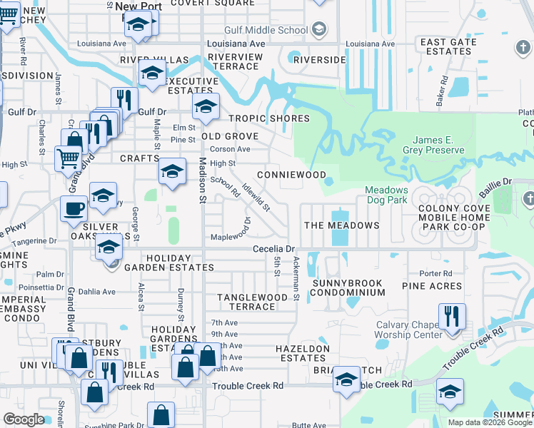 map of restaurants, bars, coffee shops, grocery stores, and more near 5048 School Road in New Port Richey
