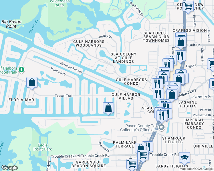 map of restaurants, bars, coffee shops, grocery stores, and more near 5052 Pelican Drive in New Port Richey