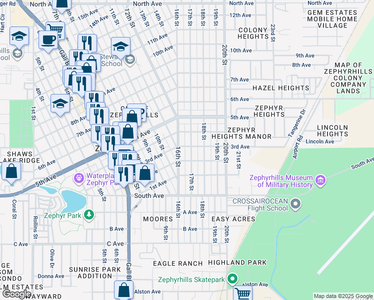 map of restaurants, bars, coffee shops, grocery stores, and more near 5202 17th Street in Zephyrhills