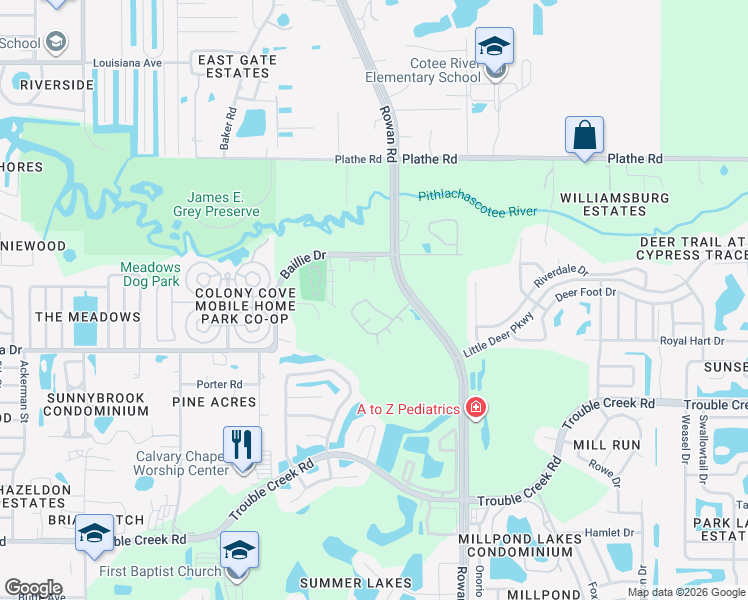 map of restaurants, bars, coffee shops, grocery stores, and more near 7220 Broadmoor Drive in New Port Richey