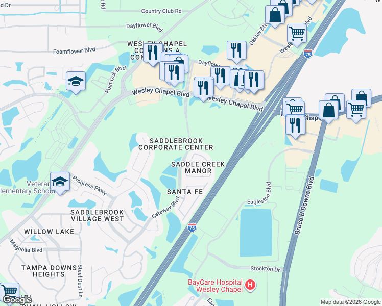 map of restaurants, bars, coffee shops, grocery stores, and more near 27531 Pleasure Ride Loop in Wesley Chapel