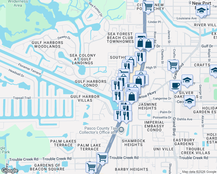 map of restaurants, bars, coffee shops, grocery stores, and more near 5197 Silent Loop in New Port Richey