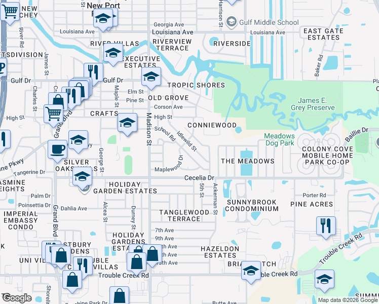 map of restaurants, bars, coffee shops, grocery stores, and more near 5122 School Road in New Port Richey
