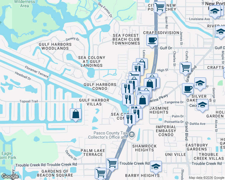 map of restaurants, bars, coffee shops, grocery stores, and more near 4886 Jasper Drive in New Port Richey