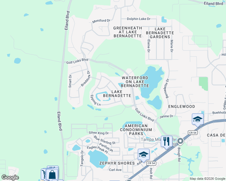 map of restaurants, bars, coffee shops, grocery stores, and more near 5230 Halstead Lane in Zephyrhills