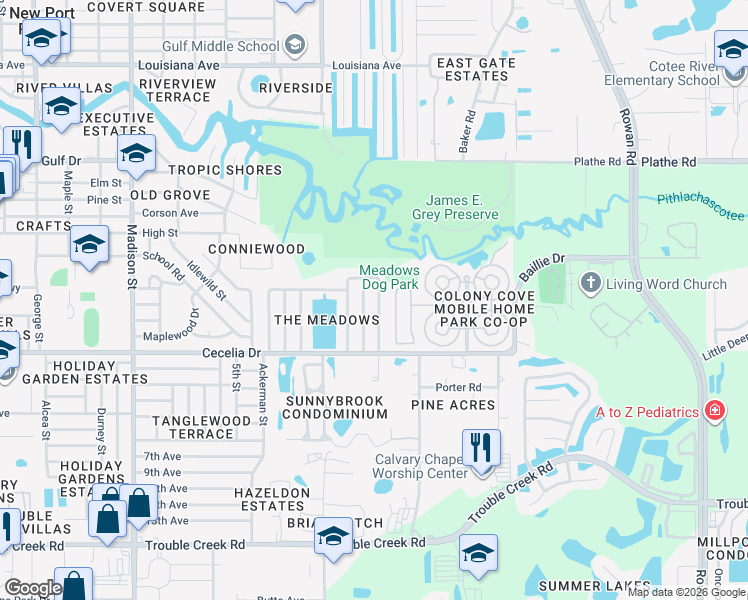 map of restaurants, bars, coffee shops, grocery stores, and more near 5048 Muriel Lane in New Port Richey