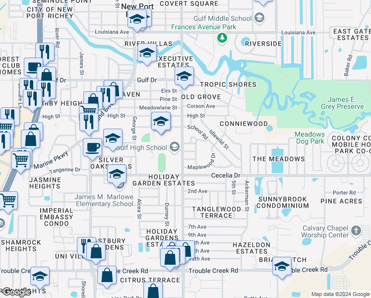 map of restaurants, bars, coffee shops, grocery stores, and more near 6007 Redwood Drive in New Port Richey