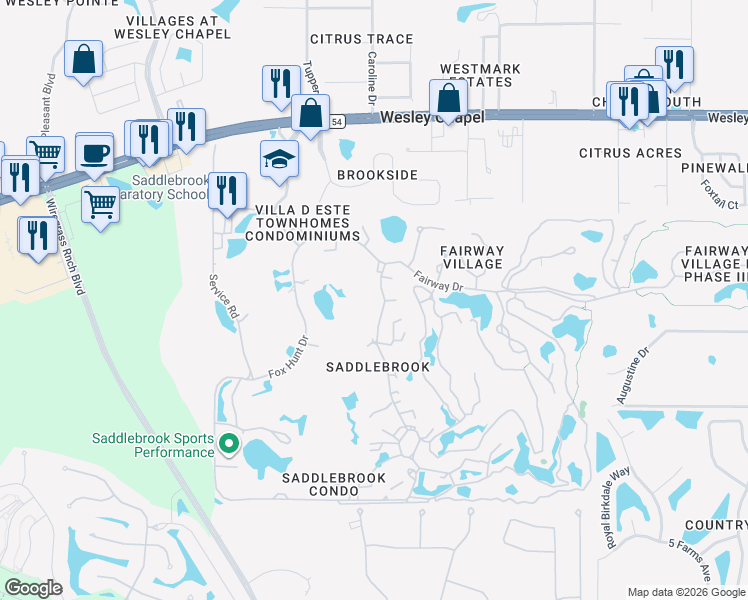 map of restaurants, bars, coffee shops, grocery stores, and more near 5249 Saddlebrook Way in Wesley Chapel