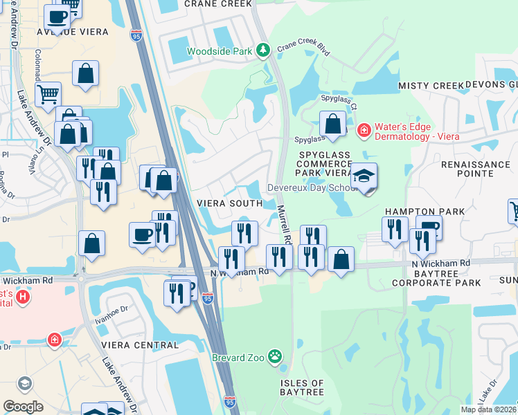 map of restaurants, bars, coffee shops, grocery stores, and more near 8240 Devereux Drive in Melbourne