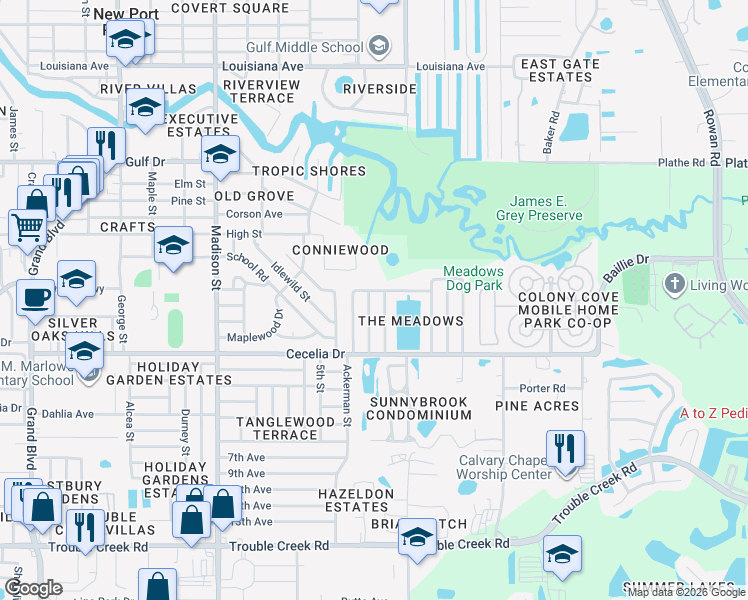 map of restaurants, bars, coffee shops, grocery stores, and more near 5051 Brookside Lane in New Port Richey
