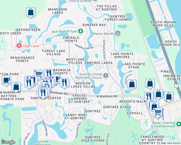 map of restaurants, bars, coffee shops, grocery stores, and more near 766 Lake Drive in Melbourne