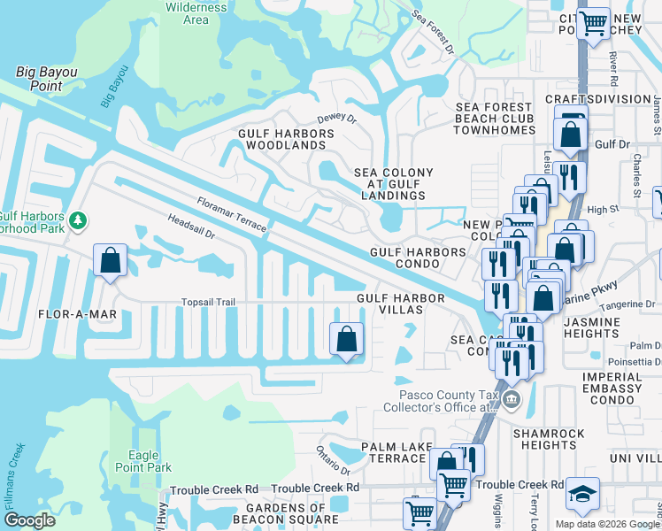 map of restaurants, bars, coffee shops, grocery stores, and more near 5052 Pelican Drive in New Port Richey
