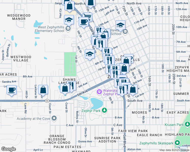 map of restaurants, bars, coffee shops, grocery stores, and more near 38151 6th Avenue in Zephyrhills
