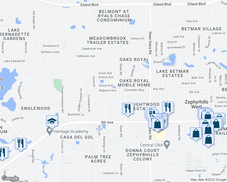 map of restaurants, bars, coffee shops, grocery stores, and more near 5311 Croton Street in Zephyrhills