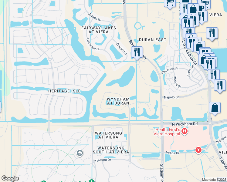 map of restaurants, bars, coffee shops, grocery stores, and more near 2889 Wyndham Way in Melbourne