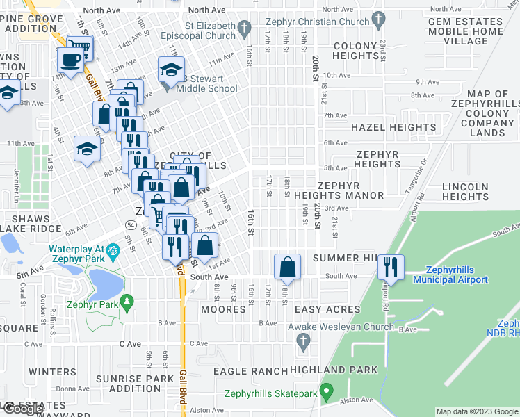 map of restaurants, bars, coffee shops, grocery stores, and more near 3rd Avenue in Zephyrhills