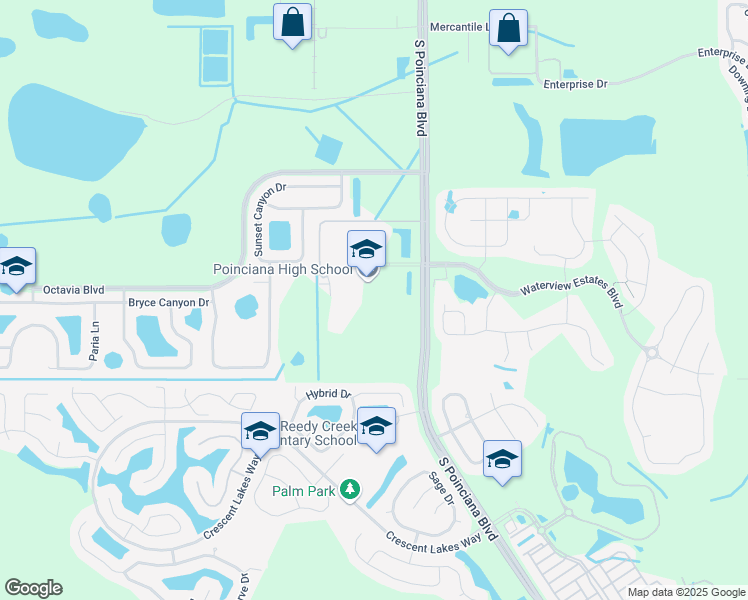 map of restaurants, bars, coffee shops, grocery stores, and more near 2300 South Poinciana Boulevard in Kissimmee