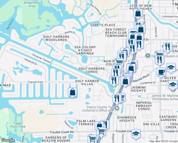 map of restaurants, bars, coffee shops, grocery stores, and more near in Pasco County