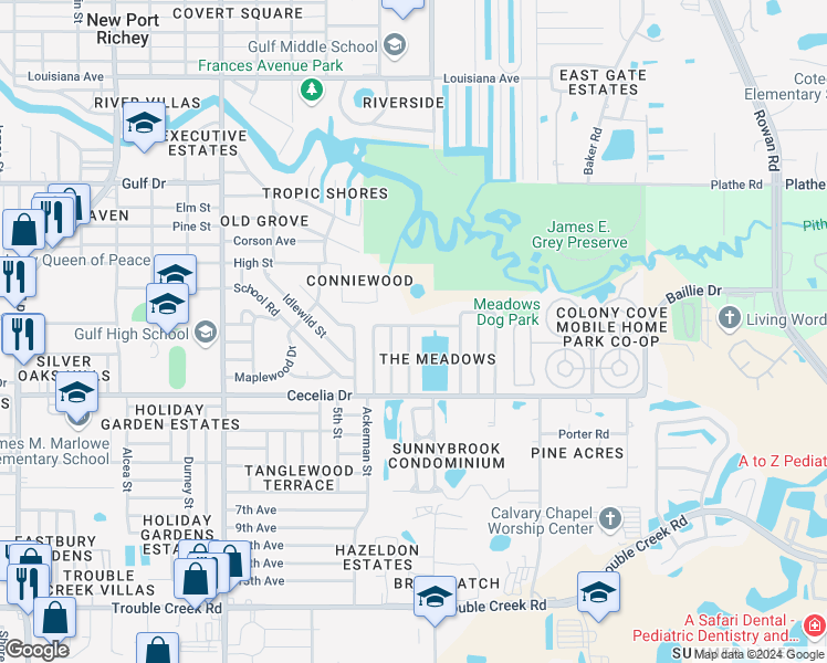 map of restaurants, bars, coffee shops, grocery stores, and more near 6426 Meadowbrook Lane in New Port Richey