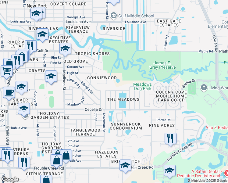 map of restaurants, bars, coffee shops, grocery stores, and more near 6409 Meadowbrook Lane in New Port Richey