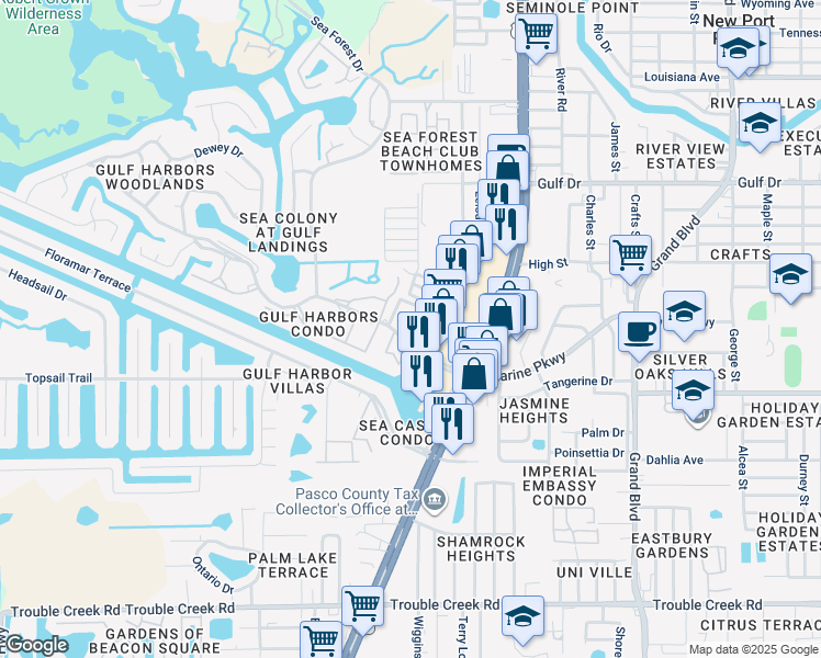map of restaurants, bars, coffee shops, grocery stores, and more near 4937 Marine Parkway in New Port Richey