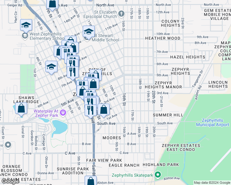map of restaurants, bars, coffee shops, grocery stores, and more near 5228 10th Street in Zephyrhills