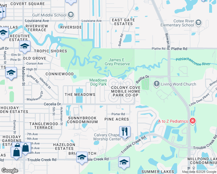 map of restaurants, bars, coffee shops, grocery stores, and more near 5144 Pigeon Plum Circle in New Port Richey