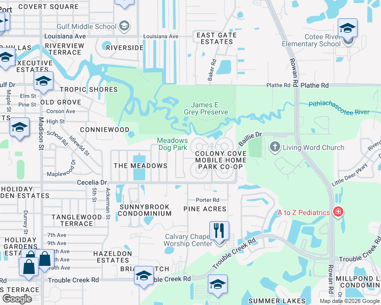 map of restaurants, bars, coffee shops, grocery stores, and more near 5168 Rubber Tree Circle in New Port Richey