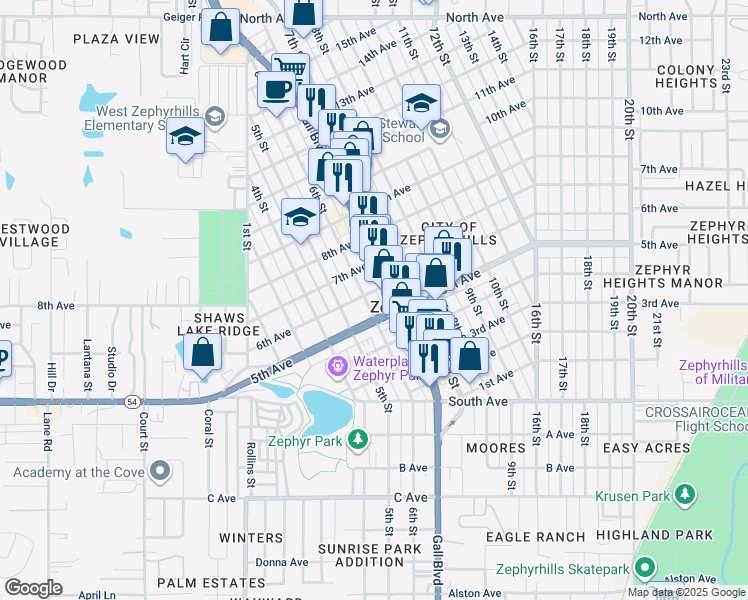 map of restaurants, bars, coffee shops, grocery stores, and more near 5230 6th Street in Zephyrhills
