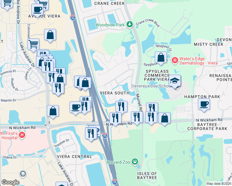 map of restaurants, bars, coffee shops, grocery stores, and more near 8011 Bracken Lane in Melbourne