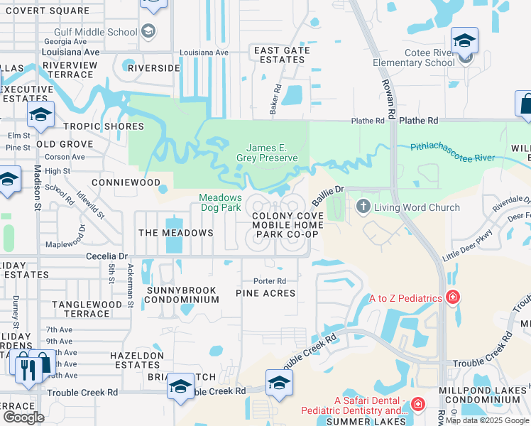 map of restaurants, bars, coffee shops, grocery stores, and more near 5117 Rubber Tree Circle in New Port Richey