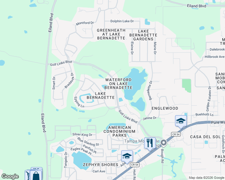 map of restaurants, bars, coffee shops, grocery stores, and more near 5245 Lochmead Terrace in Zephyrhills
