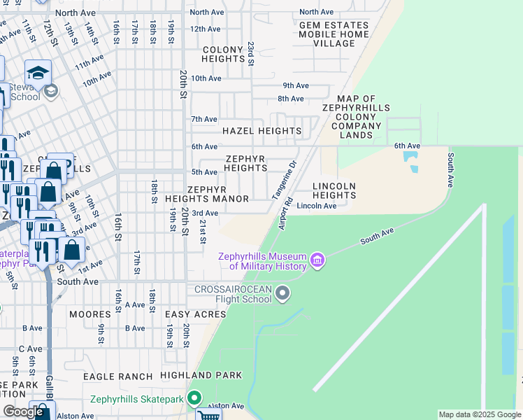 map of restaurants, bars, coffee shops, grocery stores, and more near 39247 3rd Avenue in Zephyrhills
