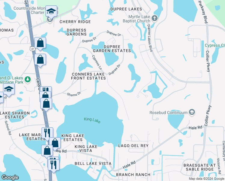 map of restaurants, bars, coffee shops, grocery stores, and more near 5311 Conner Drive in Land O' Lakes